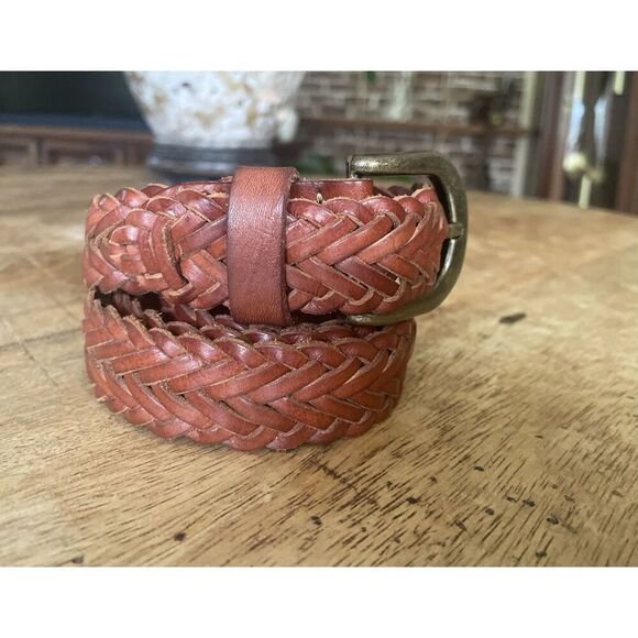 Vintage Woven Brown Leather Belt Brass Buckle 42” Unisex Boho Rustic Style - Picture 1 of 6